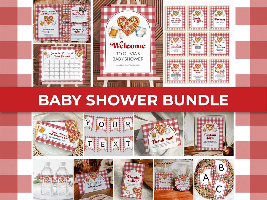 Pizza Beer Baby Shower Bundle, Pizza Brews and Diapers Too Invitation Decor, Red Gingham - marryful.org