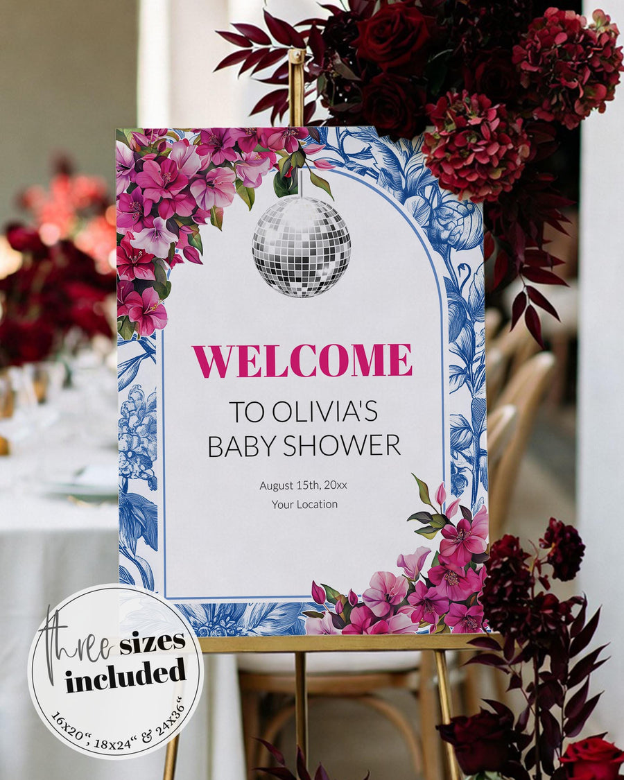 Greek Disco Baby Shower Welcome Sign, Blue Toile Bougainvillea Mediterranean Party - marryful.org