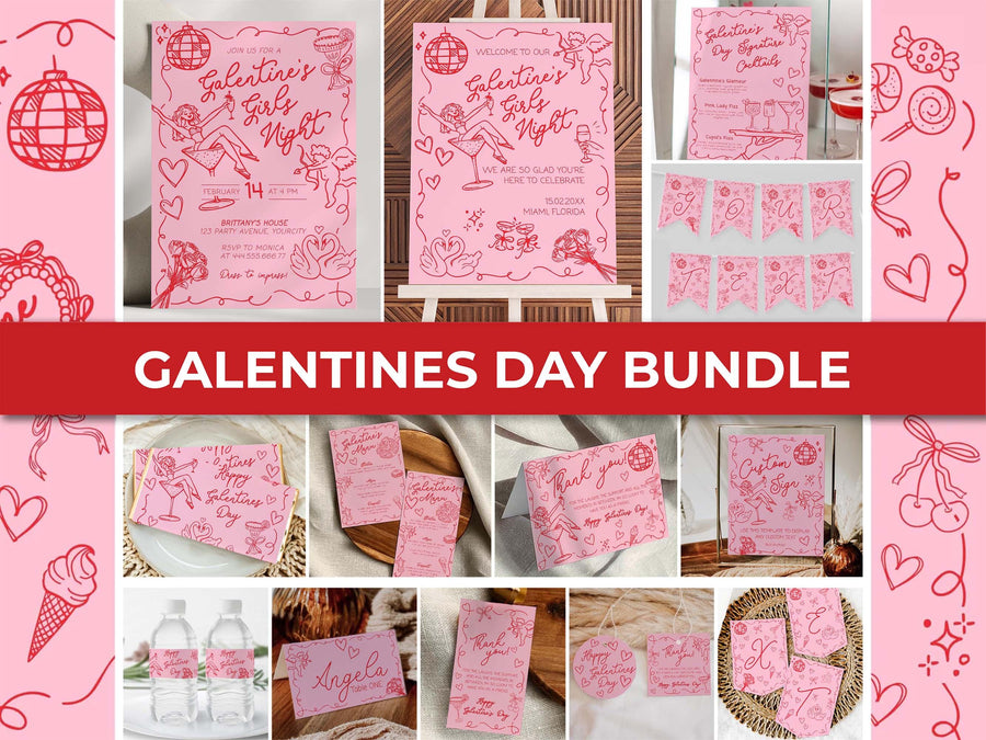 Galentine’s Day Party Bundle Template, Pink Red Funky Wavy Handwritten Decor Set 070PI-GAL-BUNDLE - marryful.org