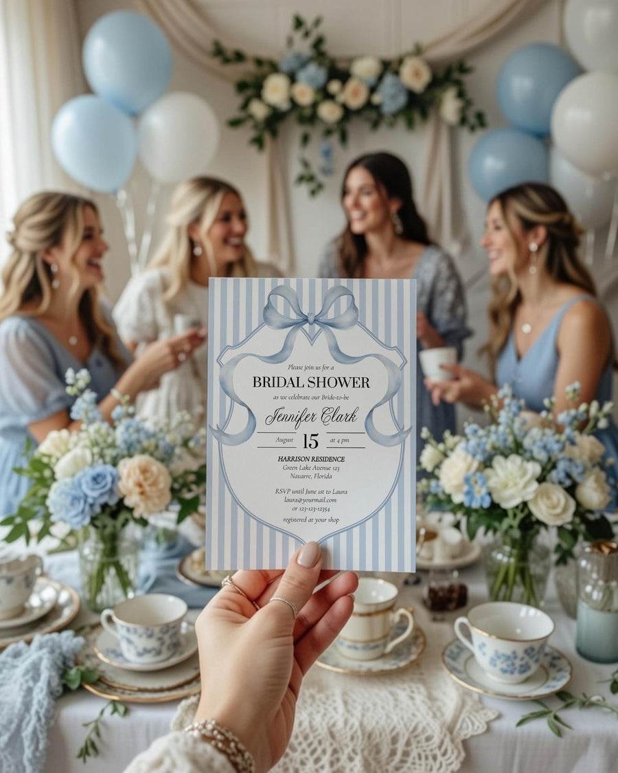 Coquette Bridal Shower Invitation Template, Something Blue Vintage Bow Invite 069BL-BRINV - marryful.org