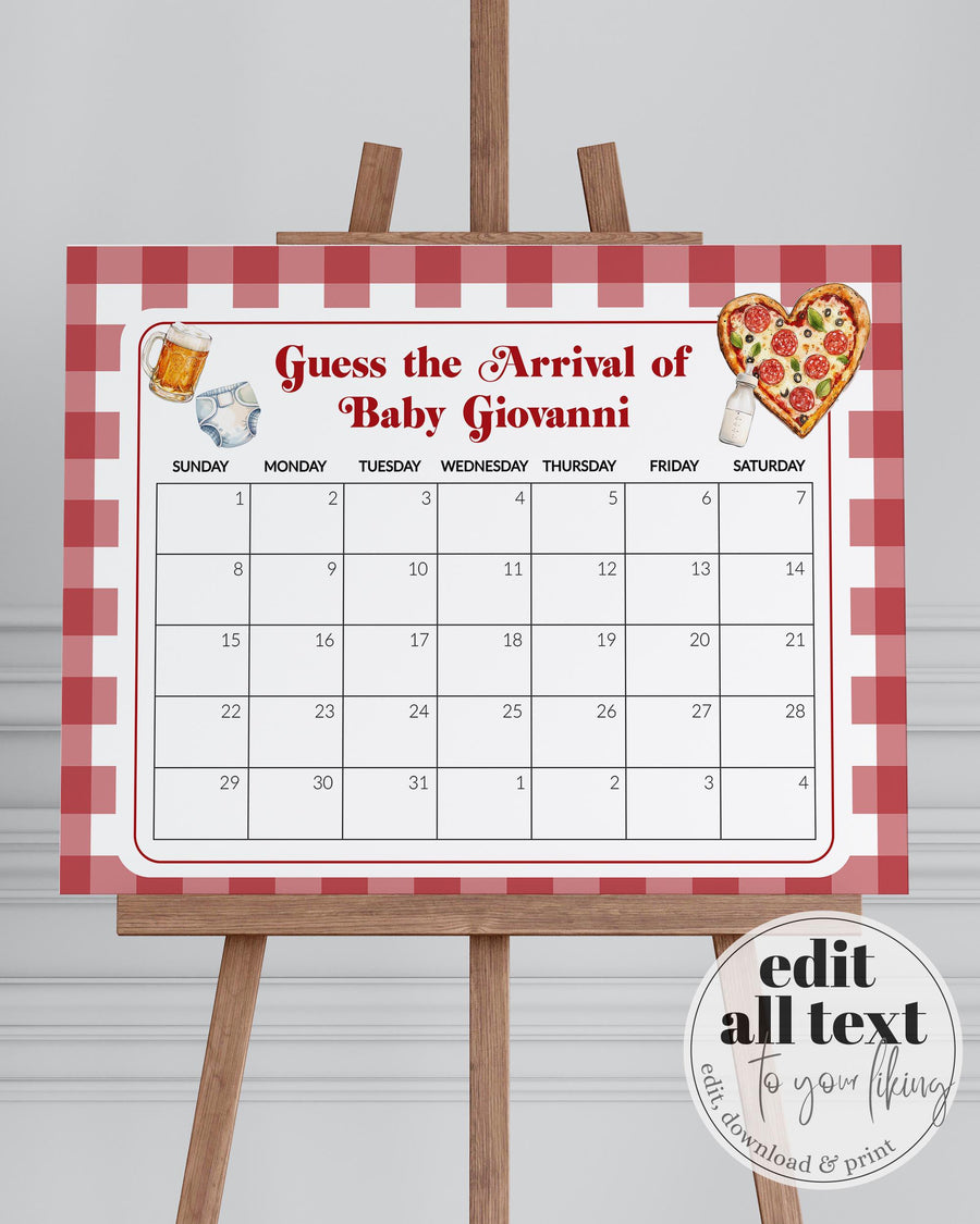 Pizza Beer Guess Due Date Sign, Baby Shower Arrival Calendar Game, Red Gingham - marryful.org