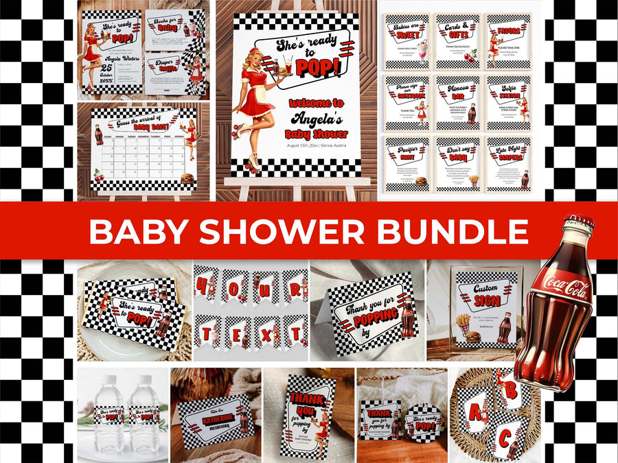 Soda Shop Baby Shower Bundle Template, Retro Diner Checkered Cola Milkshake Party Set - marryful.org