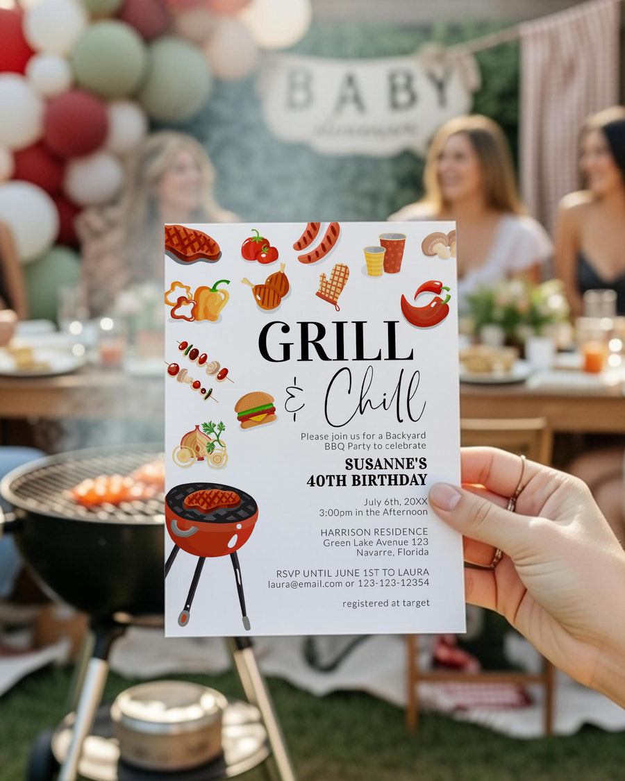 Grill and Chill BBQ Party Invitation Summer Family Reunion Outdoor Cookout Printable Template 073BBQ-PINV - marryful.org