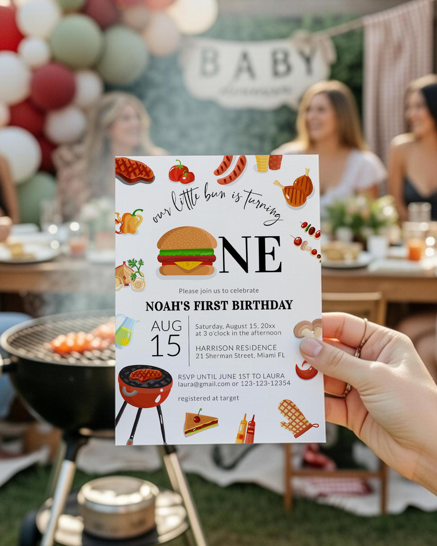 BBQ Burger First Birthday Invitation Bun Is Turning ONE Backyard Barbecue Template 073BBQ-BINV - marryful.org