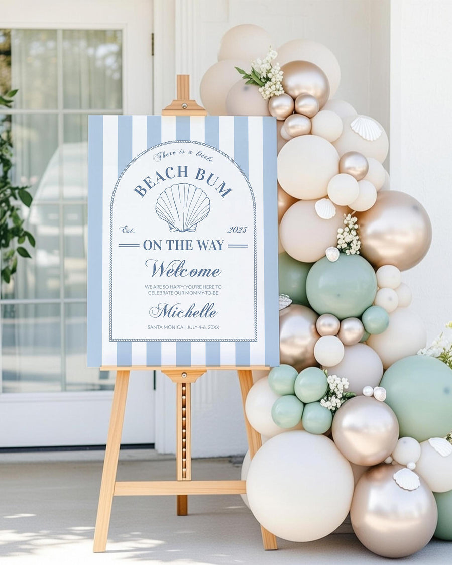 Beach Bum Baby Shower Welcome Sign Coastal Nautical Blue Stripes Pearl Shell Template 085CO-WLCM