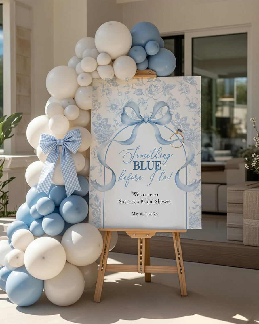 Something Blue Bridal Shower Welcome Sign, Ribbon Bow Chinoiserie Toile Entrance Template 079SB-WLCM - marryful.org