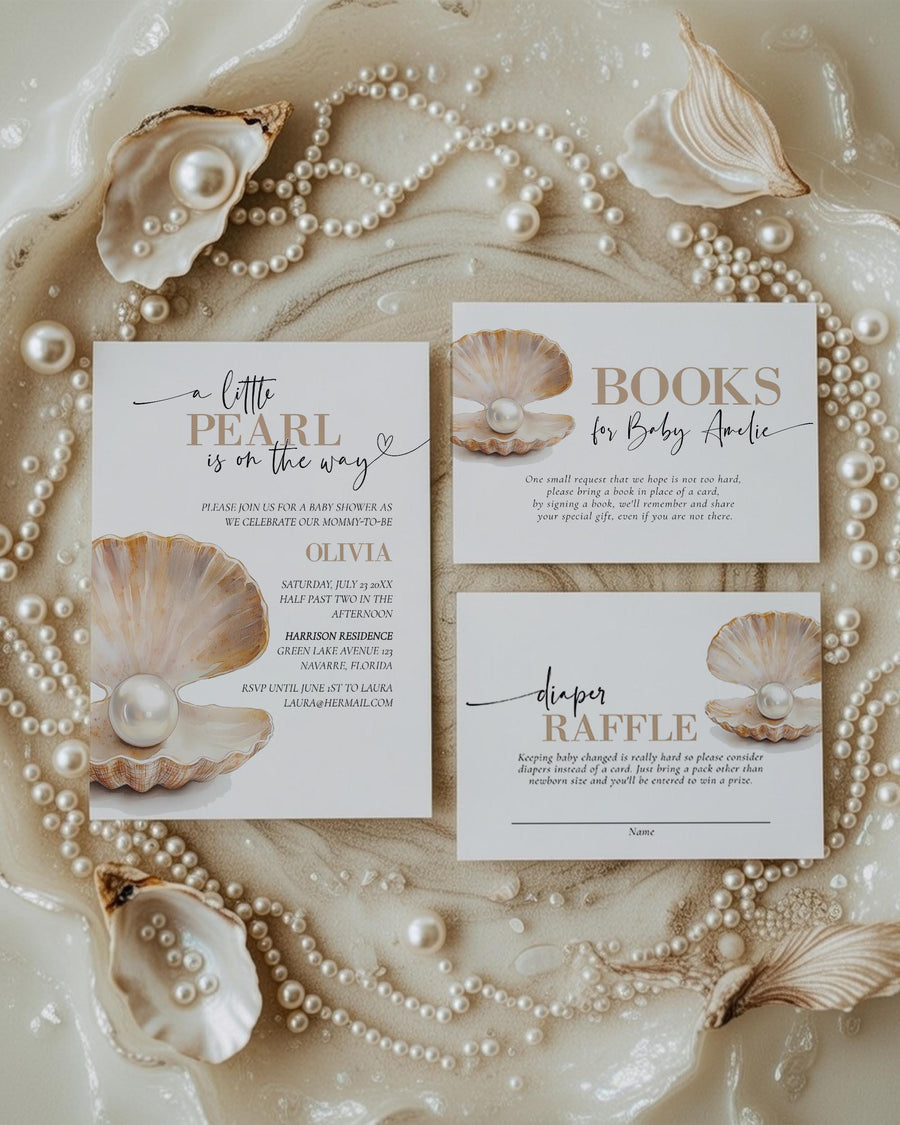 Little Pearl Baby Shower Invitation, Neutral Under the Sea Ocean Template 067PE-BSINV - marryful.org