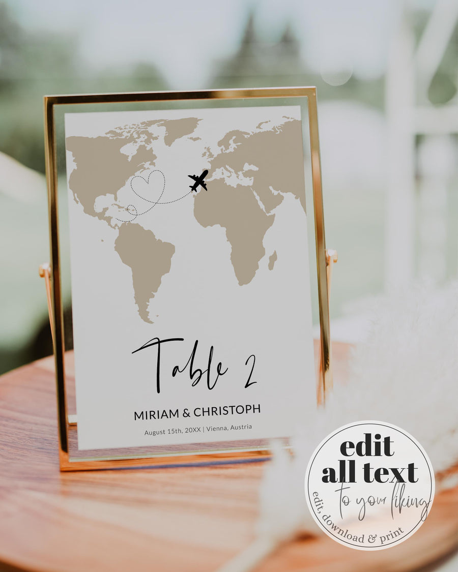 Destination Wedding Table Numbers Template, World Map Travel Theme Printable 072W-TBNR4 - marryful.org