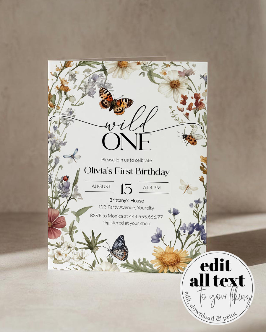 Wild One First Birthday Invitation Template, Vintage Botanical Butterfly Wildflower Garden Invite 100LB-BINV - marryful.org