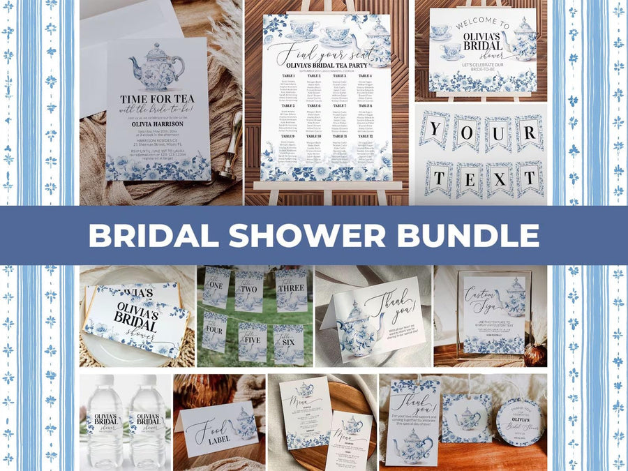 Blue Toile Bridal Shower Tea Party Bundle Template, Dusty Bridal Brunch Decor 029BL-BRSBUNDLE - marryful.org