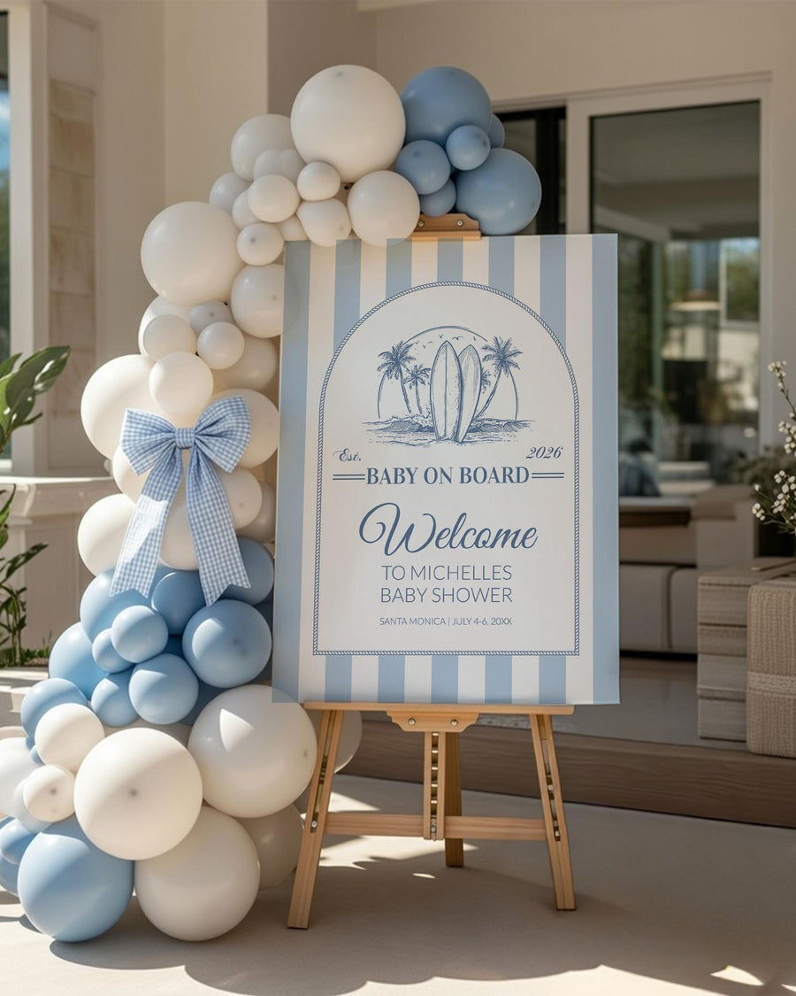 Baby on Board Baby Shower Welcome Sign Template, Nautical Stripe Surfboard Beach Decor 085CO-WLCM