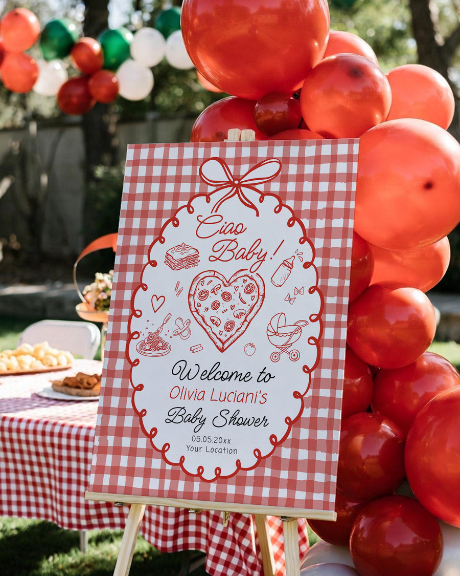 Ciao Baby Shower Welcome Sign, Red Gingham, Italian Theme, Editable Template 034SD-WLCM - marryful.org