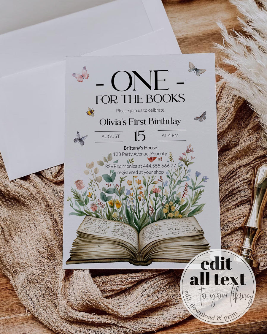 One for the Books Birthday Invitation Girl Template, A New Chapter Begins 1st Birthday 077ST-BINV - marryful.org