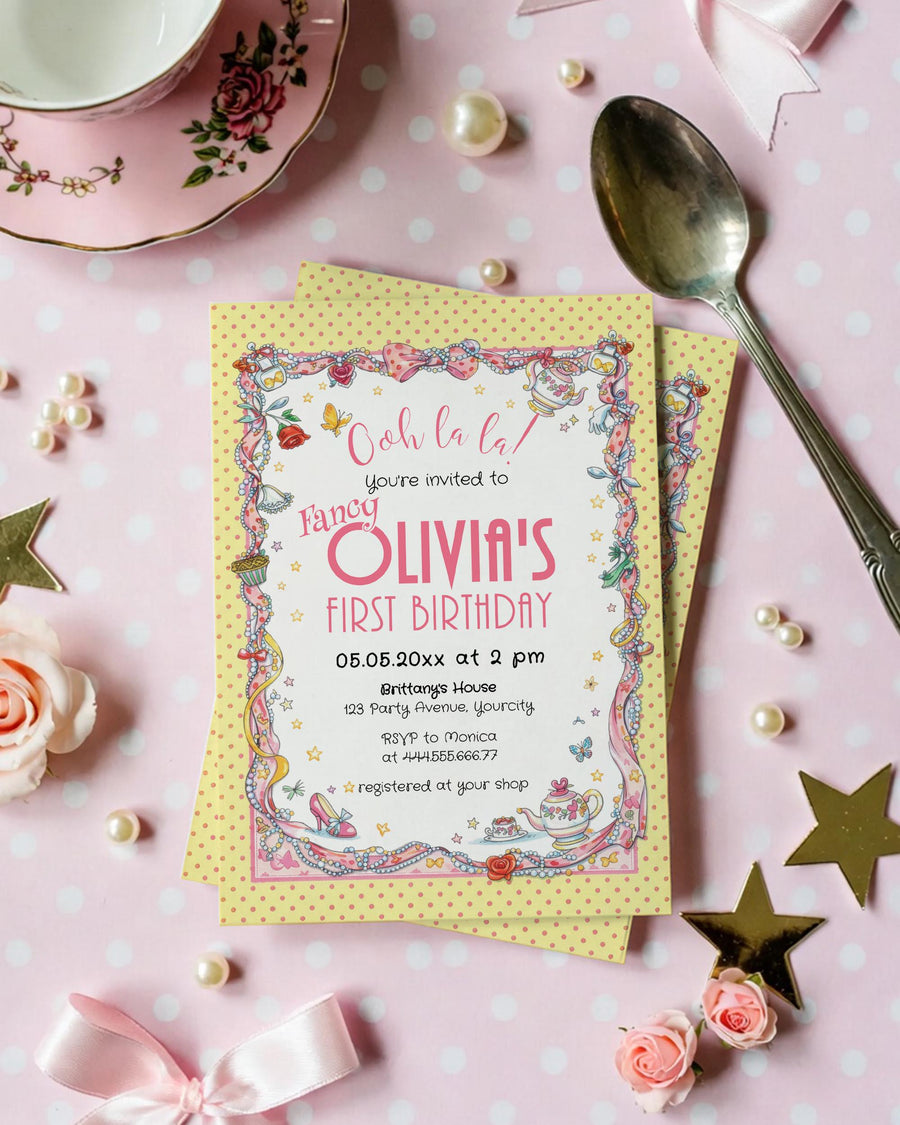 Princess Tea Party Invite Template, yellow pink whimsical birthday invitation any age - marryful.org
