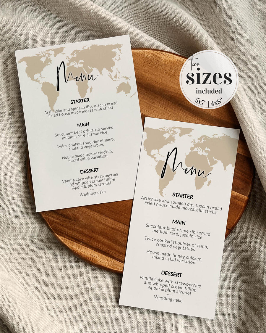 Wedding Menu Cards, Destination Travel Dinner Stationery, World Map Reception Editable Printable Template 072W-MENU