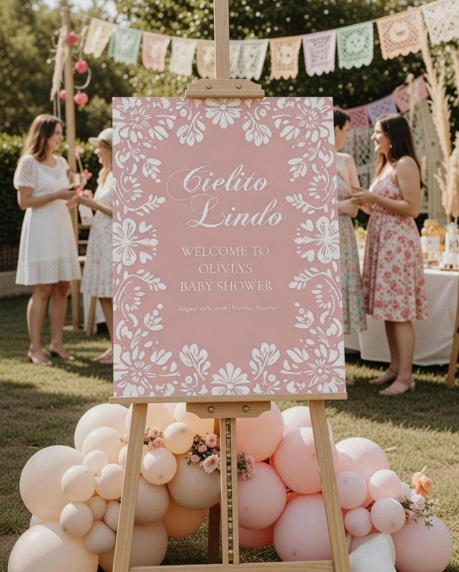 Pink Cielito Lindo Baby Shower Welcome Sign, Talavera Papel Picado, Digital Download 001PI-WLCM - marryful.org