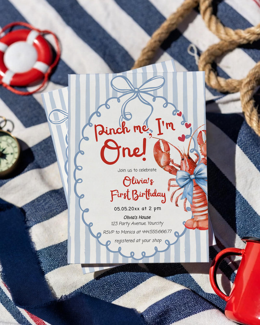Pinch Me I’m One Crawfish Birthday Invitation Template, Blue Stripe Bow Lobster Invite 034CF-BINV - marryful.org