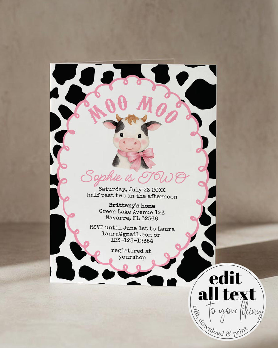 Birthday Invitation "Moo Moo" I’m Two Template, Pink Cow 2nd Birthday Farm Party Invite 022PI-BINV - marryful.org