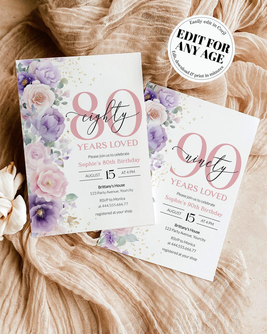 Elegant Floral Birthday Invitation, Any Age Editable Milestone Invite, Printable Template 023EN-BSINV - marryful.org