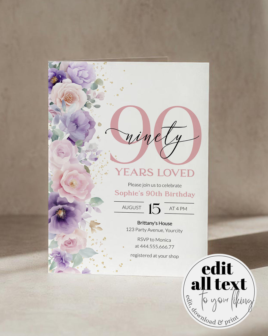 90th Birthday Invitation Template, Elegant Floral Birthday Invite for Women, Printable Digital Invite 023EN-BSINV - marryful.org