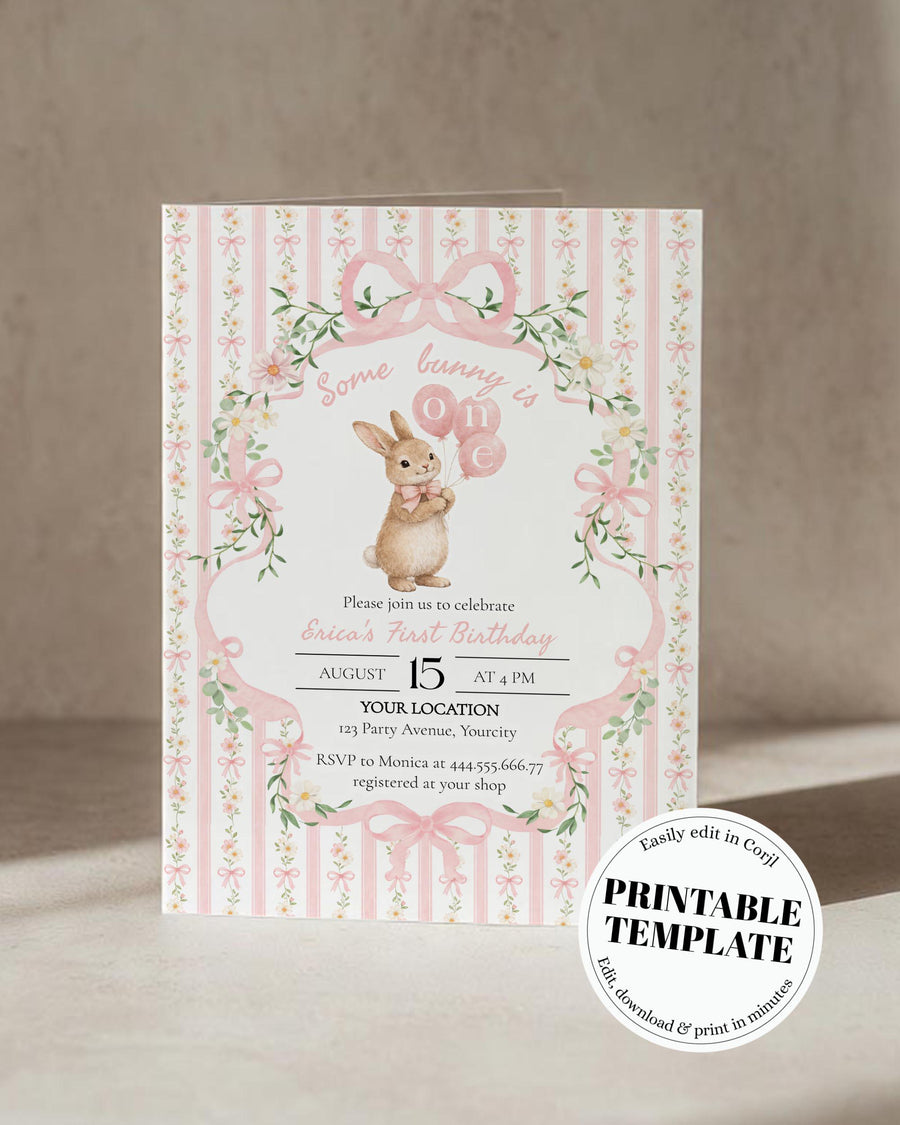 Some Bunny Is One Invitation Template, Vintage Striped Floral Bow Bunny Balloon Invite 069PI-BINV - marryful.org