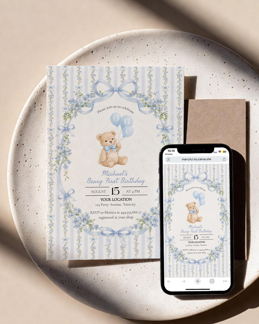 Beary First Birthday Invitation Template, Blue Floral Stripe Teddy Bear Balloon Invite 069BL-BINV - marryful.org