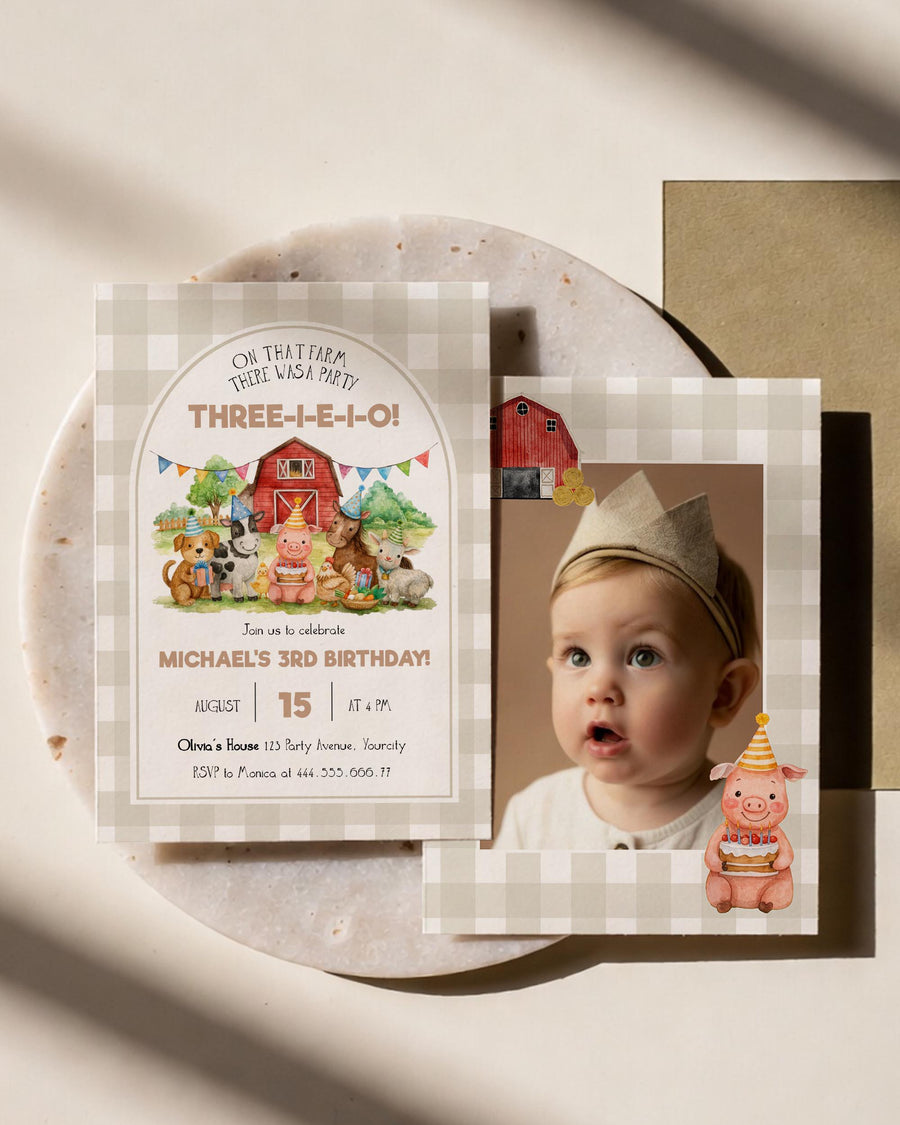 Farm Animal 3rd Birthday Invitation, Three I E I O Barn Arch Invite 026PA-BINV - marryful.org
