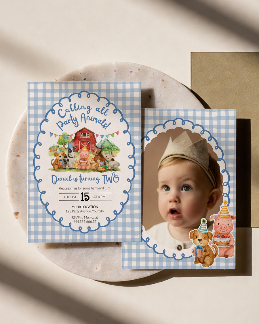 Farm Animal 2nd Birthday Invitation Template, Blue Gingham Party Animals Barn Invite 034BL-BINV - marryful.org