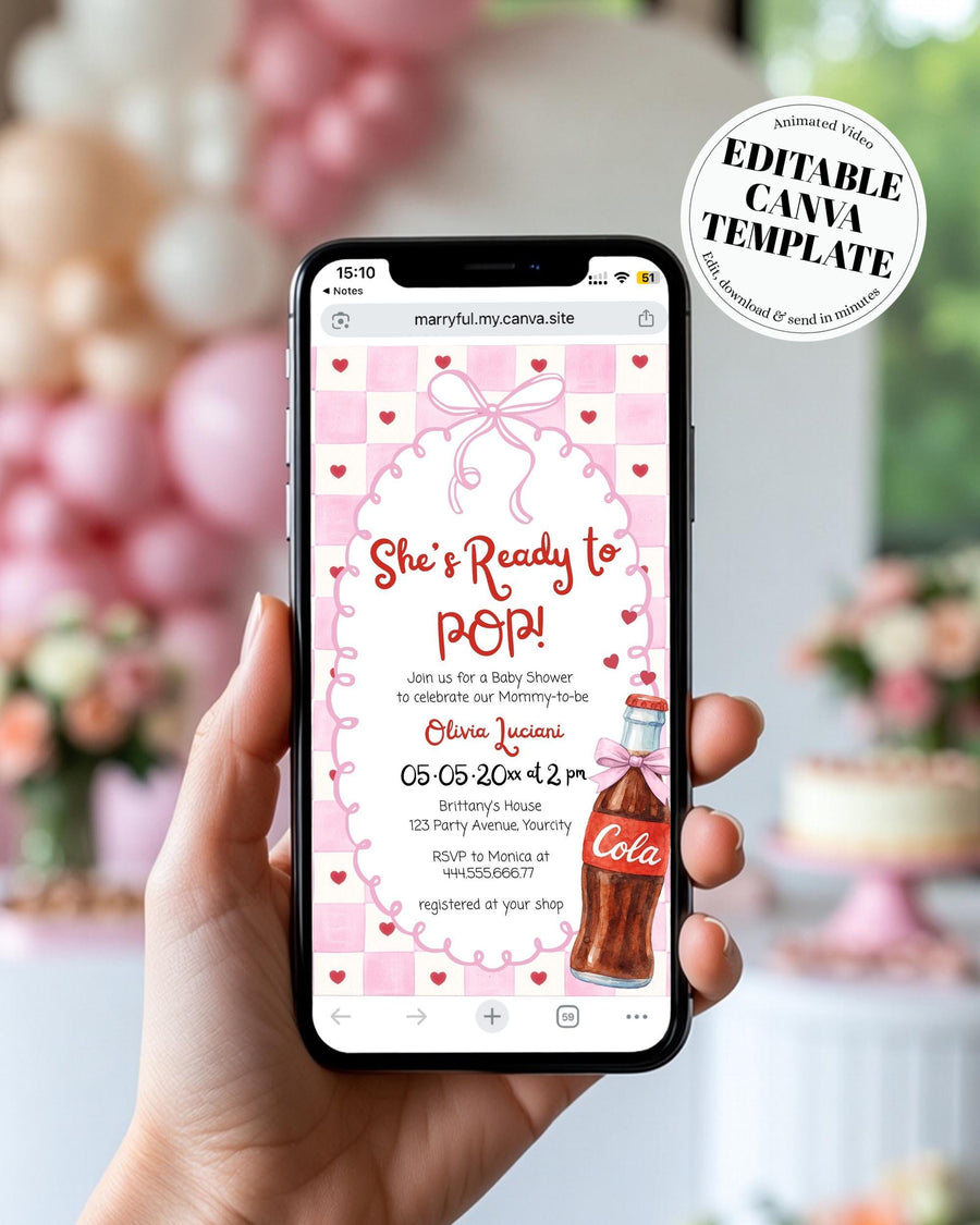Ready to Pop Baby Shower Video Invitation Template, Pink Animated Canva Invite + Music 034SS-BSINV - marryful.org