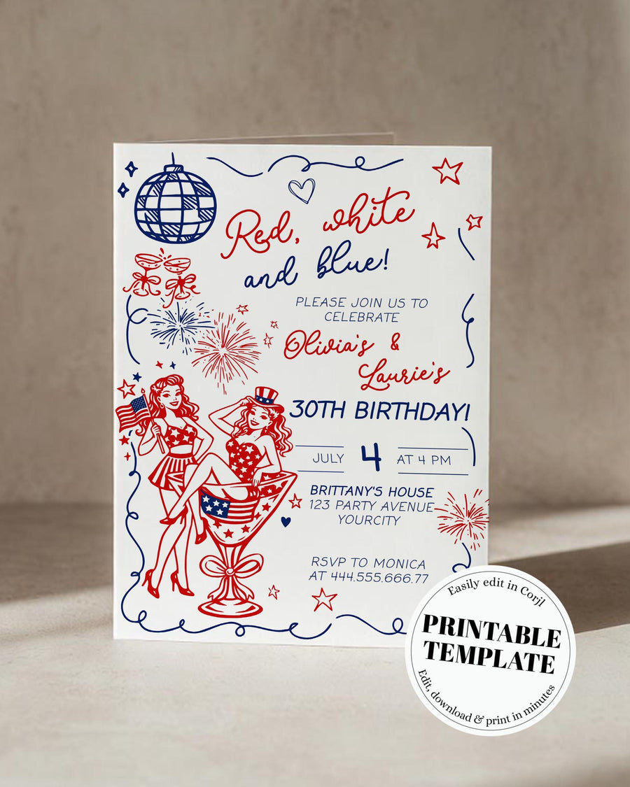 4th of July Twin Birthday Invitation Template, Red White Blue Independence Day Invite 070IND-BINV - marryful.org