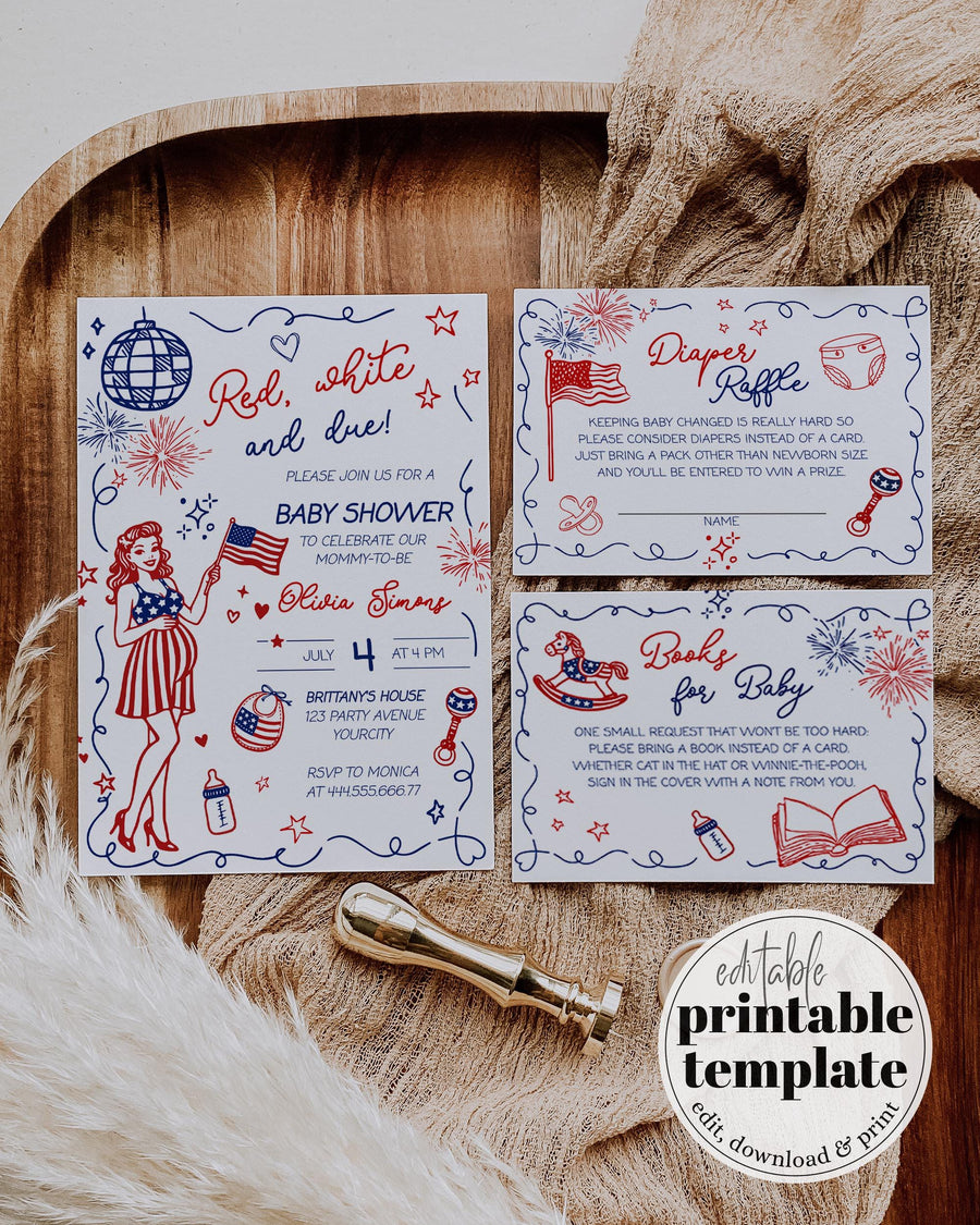 Red White and Due Patriotic Baby Shower Invitation Template, 4th of July Invite 070IND-BSINV - marryful.org