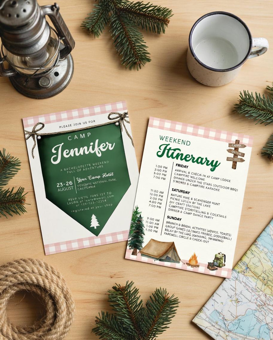 Camping Bachelorette Itinerary Template, Mountain Lake Girls Trip Weekend Schedule, Editable 016PI-BACHINV - marryful.org