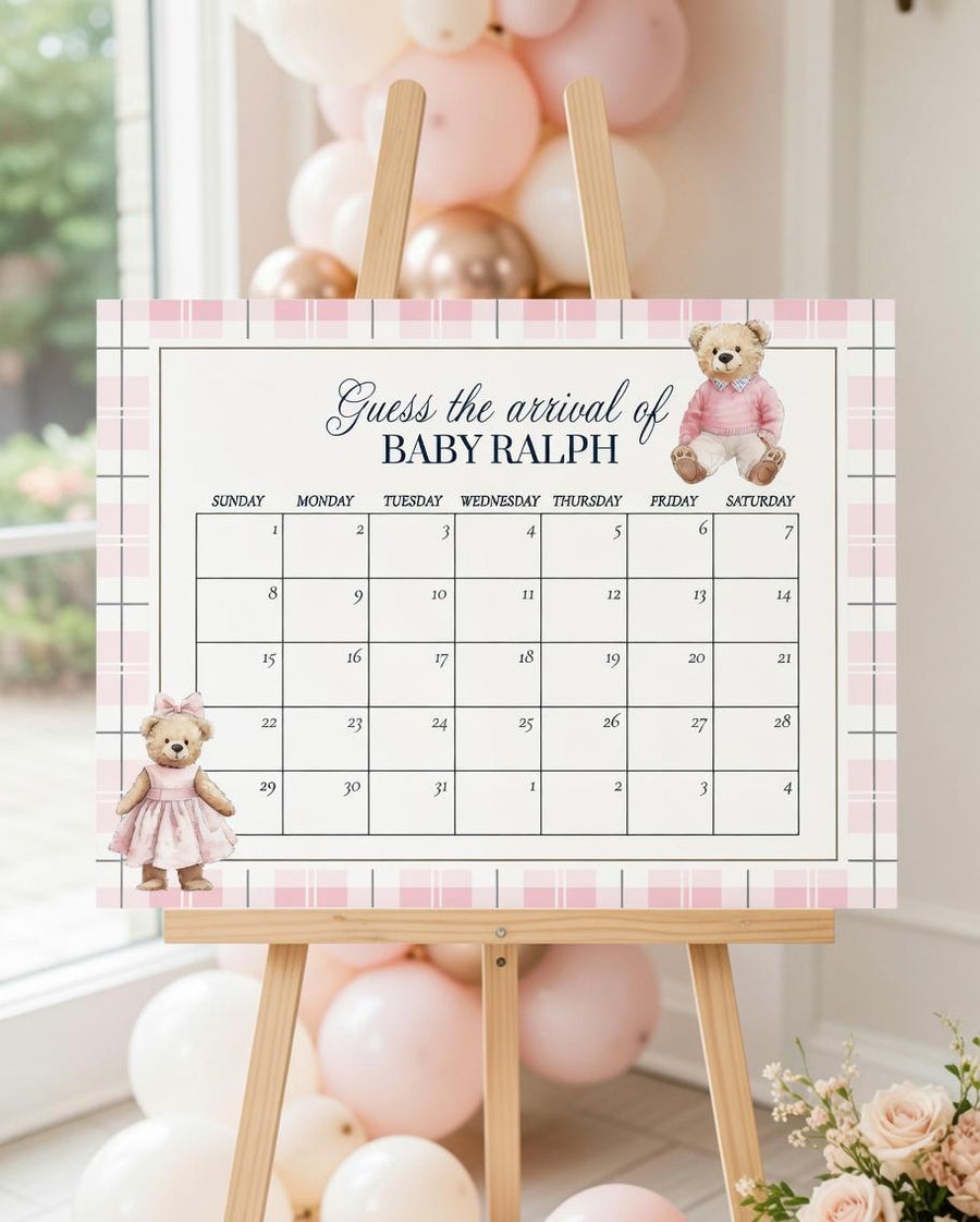 Pink Teddy Bear Baby Shower Game, Guess the Due Date Template 068PI-GUDD - marryful.org