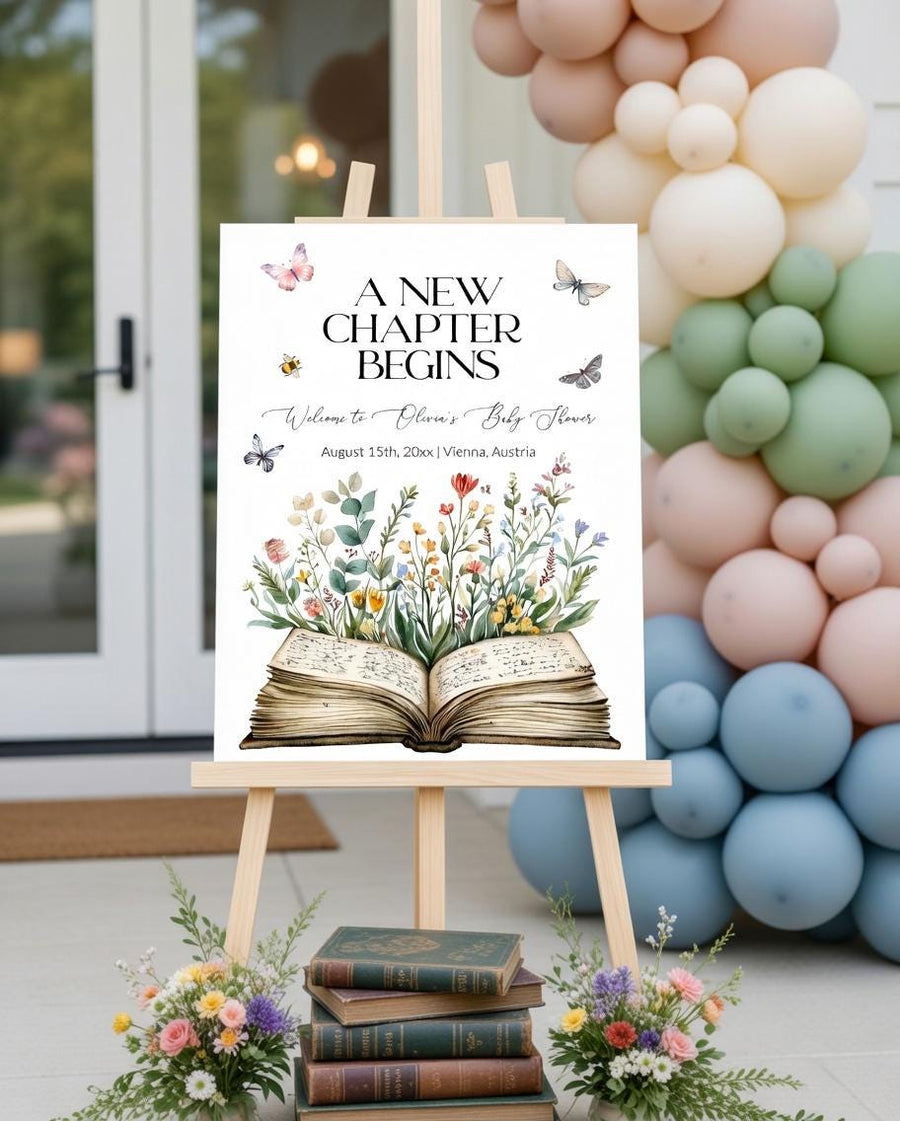 Storybook Baby Shower Welcome Sign, New Chapter Begins Book Theme Library Decor 077ST-WLCM - marryful.org