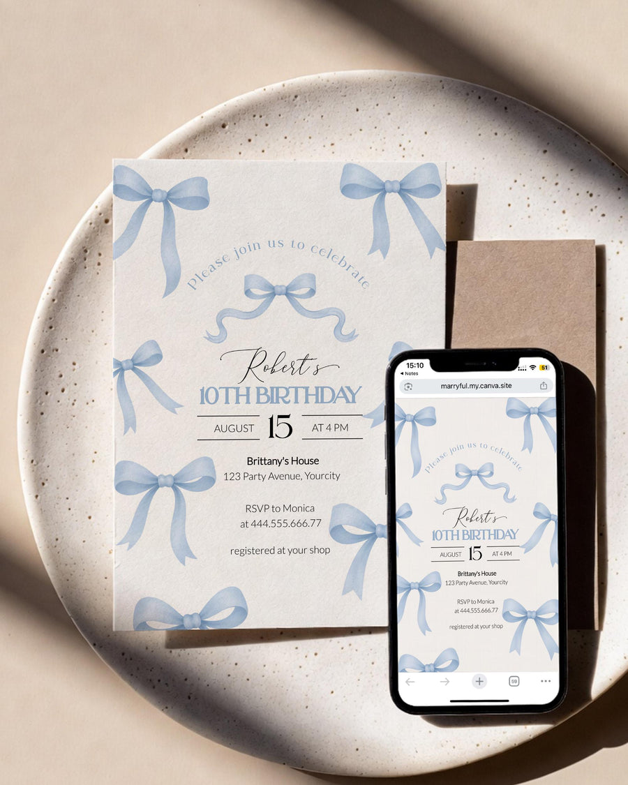 Blue Bow Birthday Invitation Template, Coquette Ribbon Party Invite for Girls or Boys - marryful.org