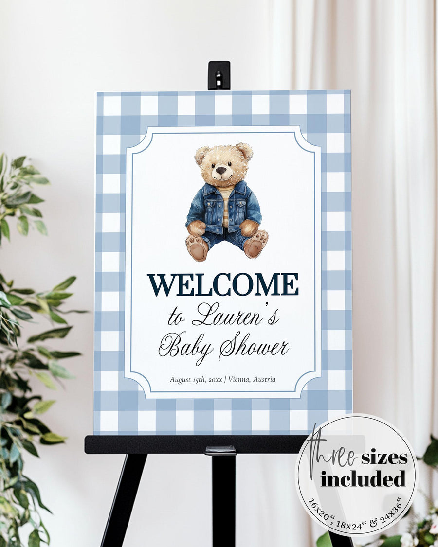 Blue Jeans Teddy Bear Welcome Sign for Boys Baby Shower Decorations Sign Printable Gingham Polo Teddy Bear Denim Party Sign Template #068je - marryful.org