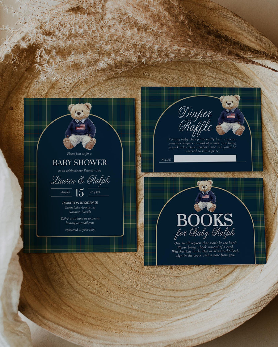 Polo Bear Baby Shower Invitation Template, Vintage Navy Green Plaid Teddy Invite #068rl - marryful.org
