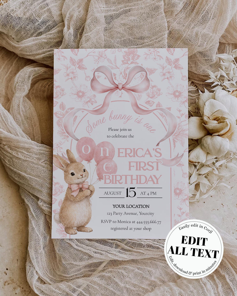 Some Bunny Is One Invitation Template, Pink Toile Bow Bunny First Birthday Invite 079PI-BINV - marryful.org