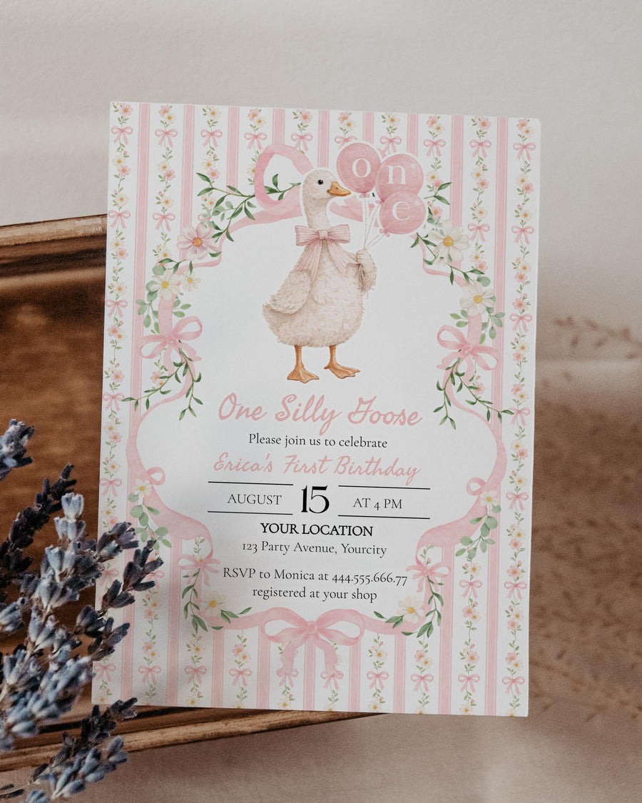 ONE Silly Goose Birthday Invitation Template, Pink Bow Mother Goose Party Invite for Girls 069PI-BINV - marryful.org