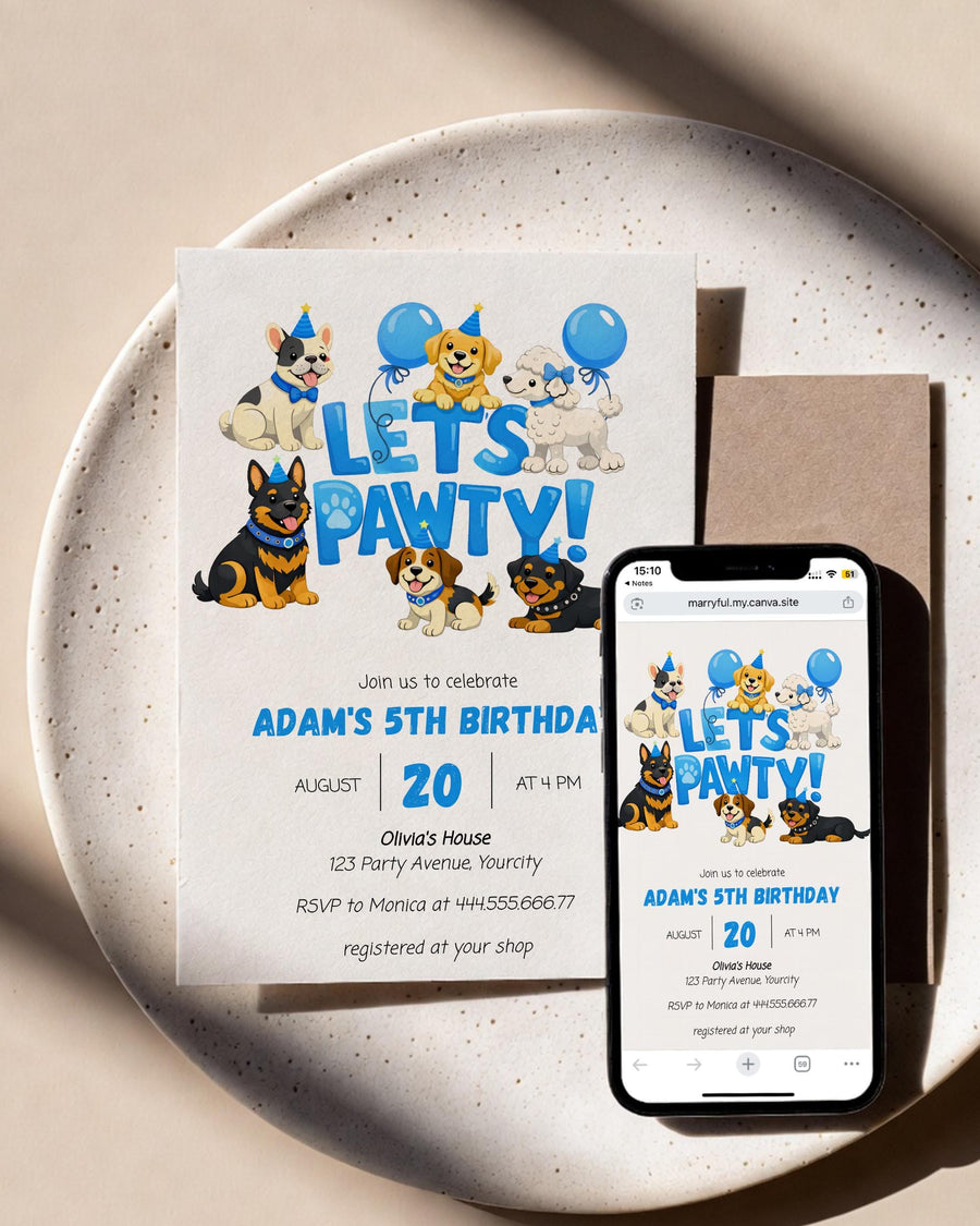 Pawty Birthday Invitation Template, Blue Dog Puppy Party Invite, Digital Download - marryful.org