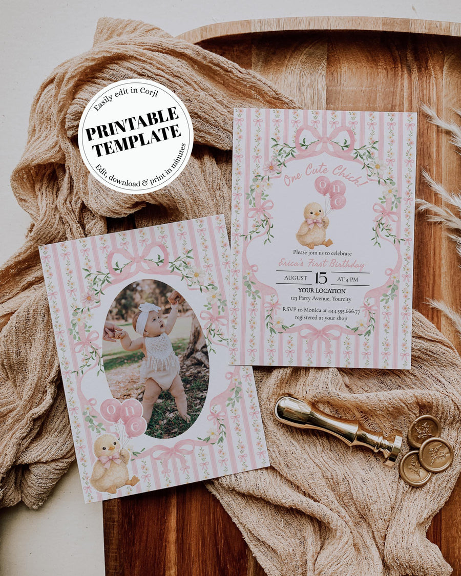 One Cute Chick 1st Birthday Invitation Template, Pink Bow Floral Stripe Chicken Balloon Invite 069PI-BINV - marryful.org
