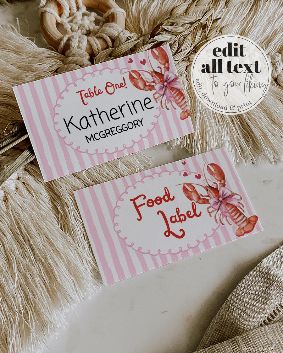 Lobster Birthday Place Card and Food Label, Pinch Me Pink Party Editable Template 034CF-PLCA - marryful.org