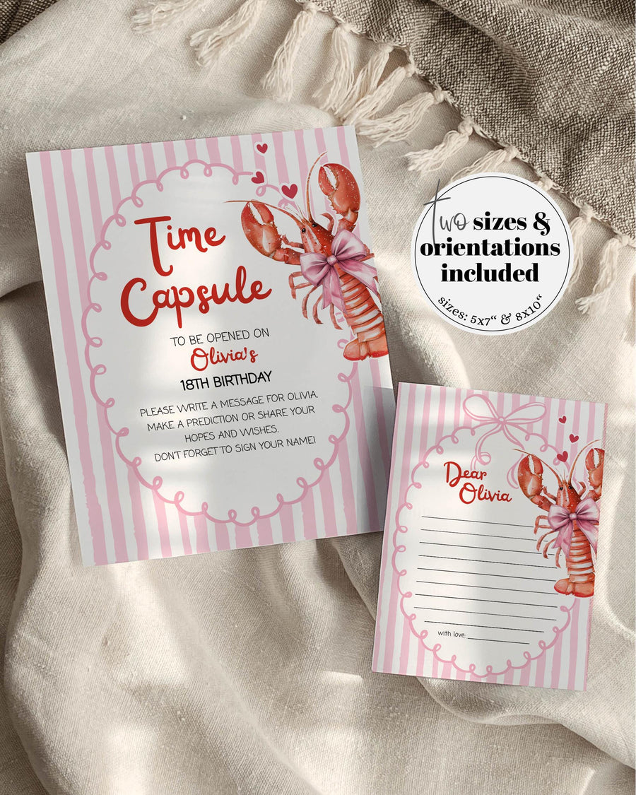 Lobster Birthday Time Capsule Sign, Pinch Me Pink Party Keepsake Card, Editable Template 034CF-TICA - marryful.org