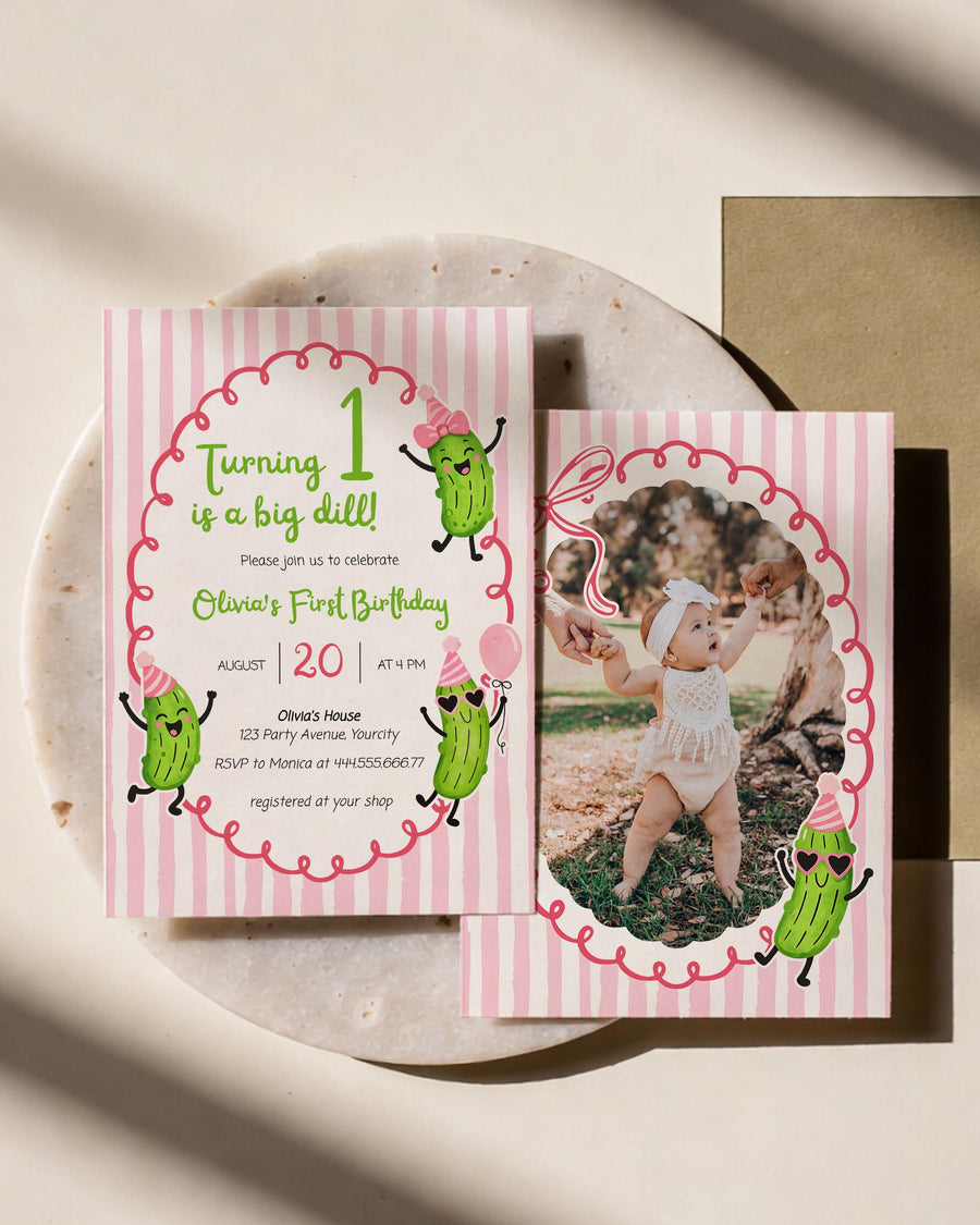 Pickle Birthday Photo Invite, Turning One is a Big Dill, Pink Stripe Template 034PK-BINV - marryful.org