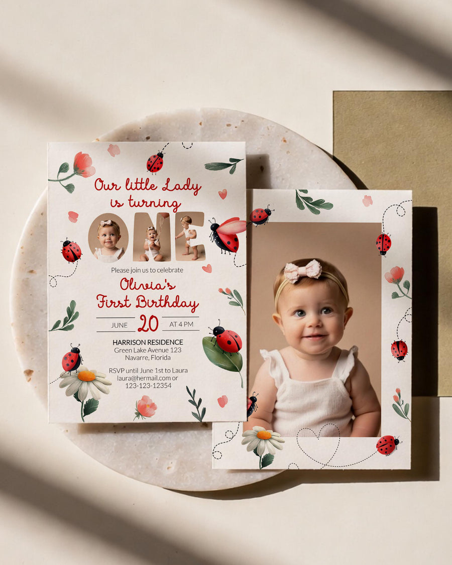 Ladybug 1st Birthday Invitation Template with Photo, Little Lady Whimsical Invite 099LB-BINV - marryful.org