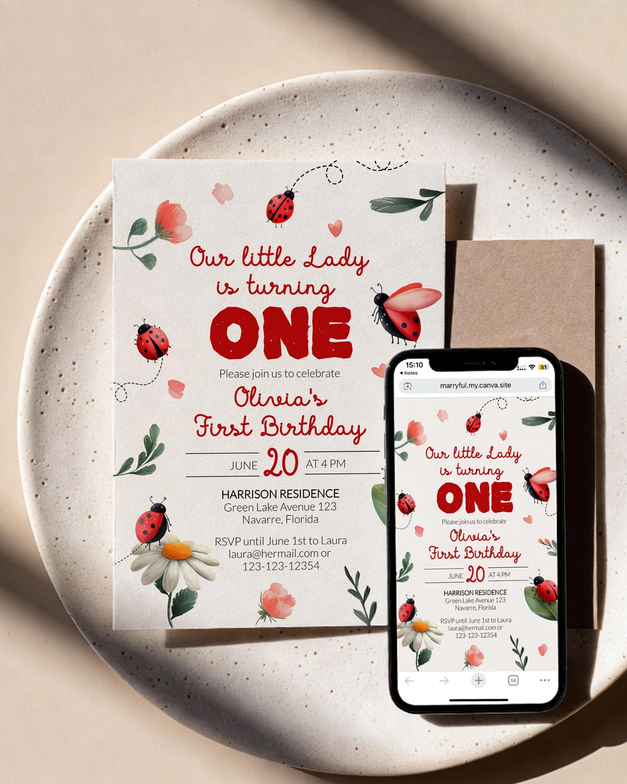 Ladybug Birthday Invitation Template, Little Lady First Birthday Whimsical Invite 099LB-BINV - marryful.org