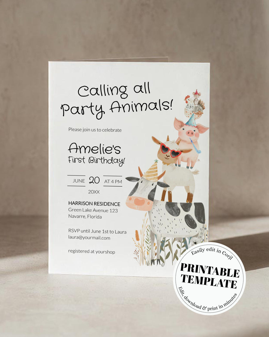 Farm Animal 1st Birthday Invitation Template, Party Animals Stack Barnyard Invite 026PA-BINV - marryful.org