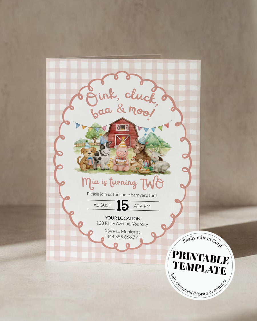 Farm Animal 2nd Birthday Invitation Template, Oink Cluck Baa Moo Gingham Invite 034BL-BINV - marryful.org