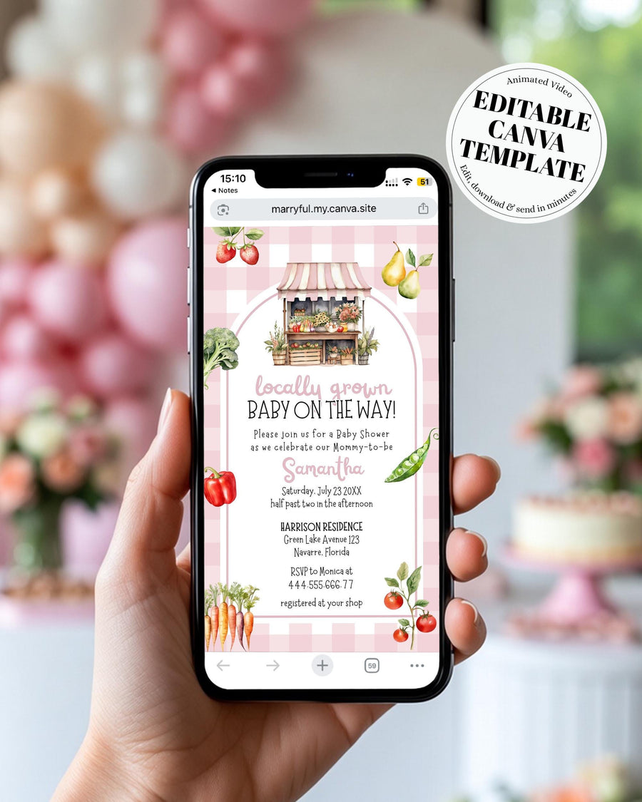 Locally Grown Baby Shower Video Invitation Template, Pink Girl Animated Canva Invite + Music 003LG-BSINV - marryful.org