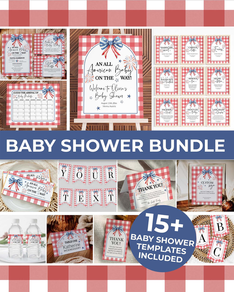 4th of July Baby Shower Bundle, All American Gingham Invitation + Decor Editable Template 020IND-BSBUN - marryful.org